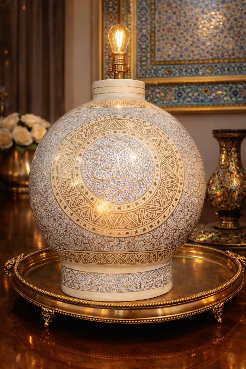 Antique Table Lamp with kashmiri floral art, hand painted paper mache table lamp decor.